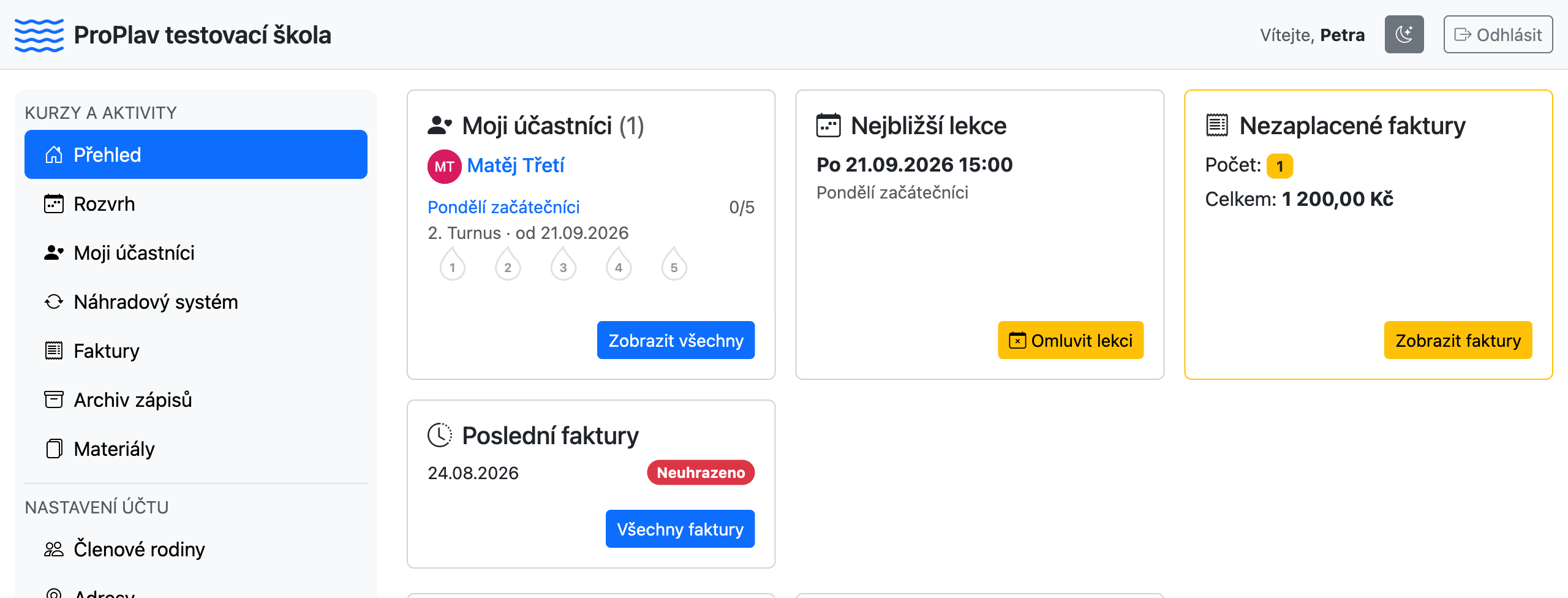 ProPlav - klientský portál rodiče s dětmi, nejbližší lekcí a nezaplacenou fakturou