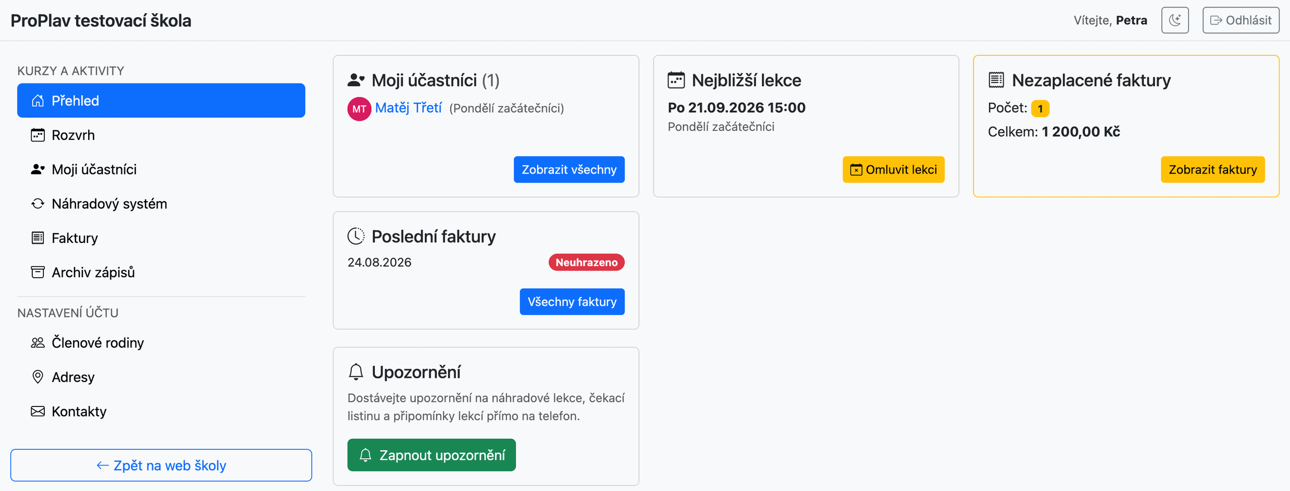ProPlav - klientský portál rodiče s dětmi, nejbližší lekcí a nezaplacenou fakturou