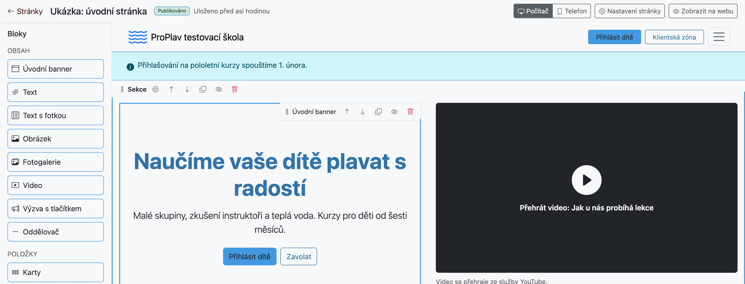 ProPlav - editor webu školy: vlevo hotové bloky, vpravo stránka s úvodním bannerem a videem, upravovaná přímo na ní