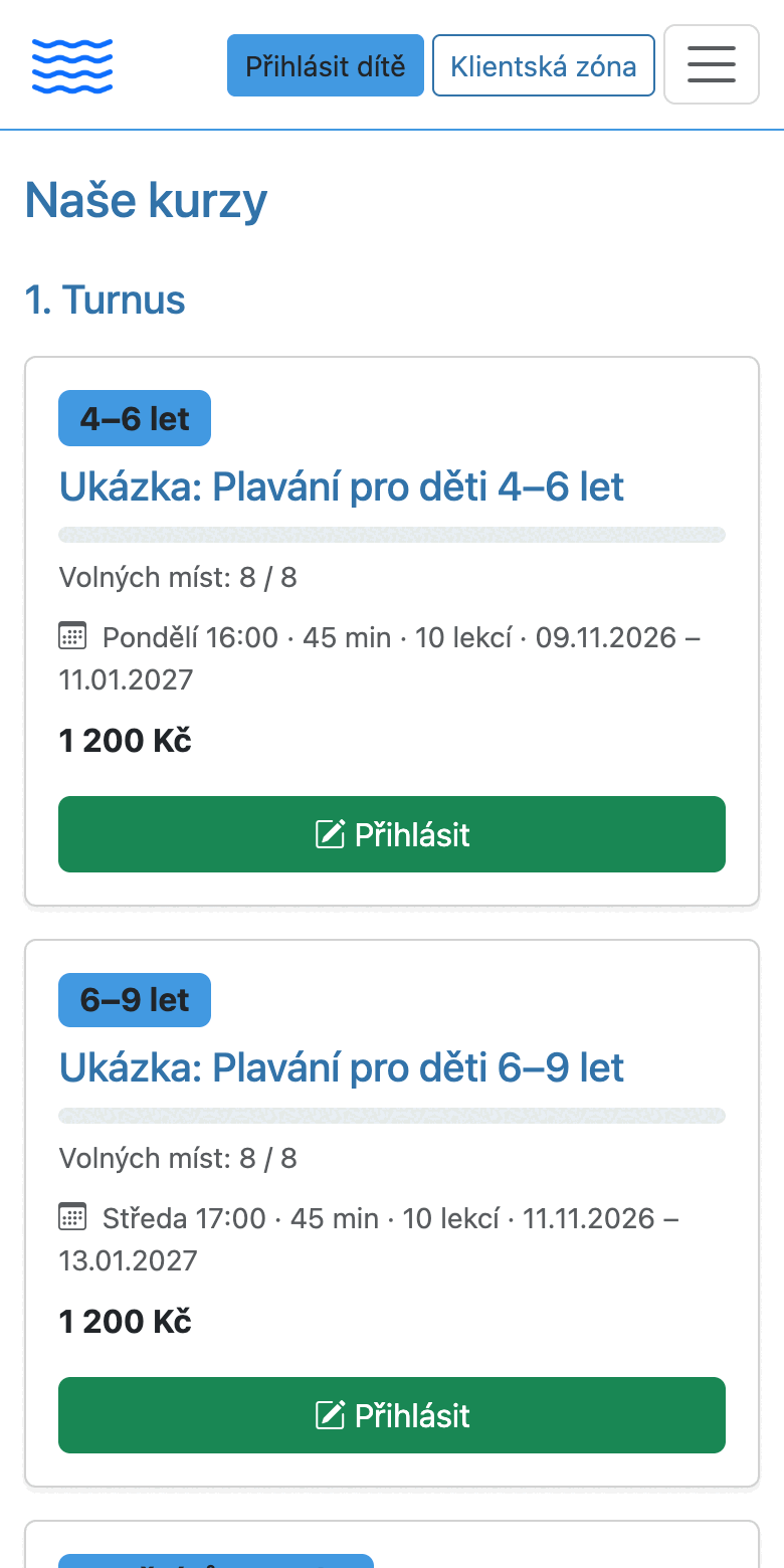 Web školy na telefonu: karty kurzů s termíny, cenou, volnými místy a tlačítkem Přihlásit